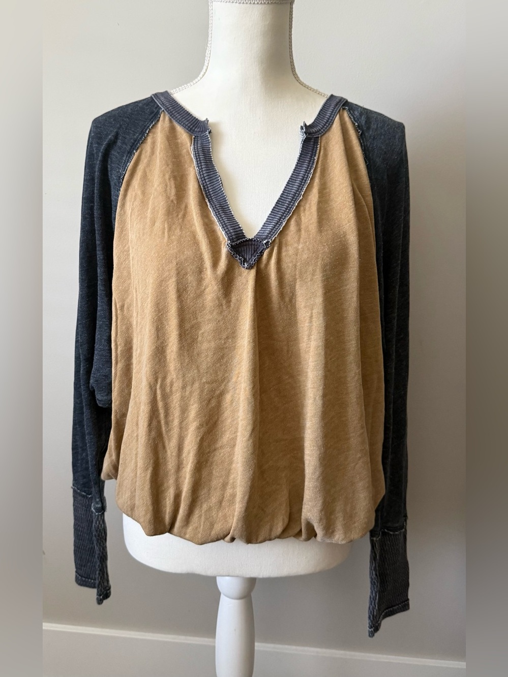 We The Free Camel Body with Charcoal Trim Raglan Top